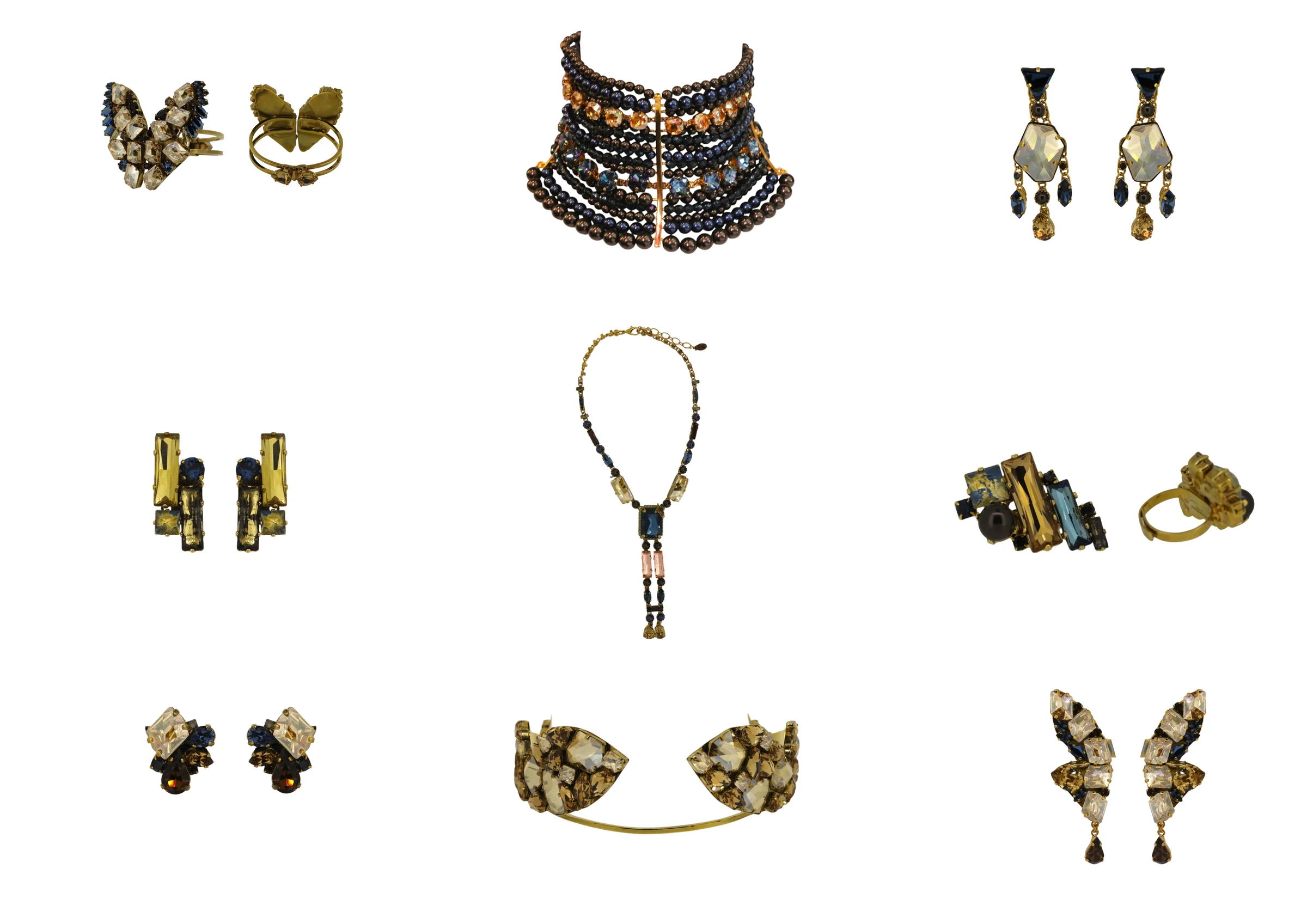 Row 1: Desperately Diva Cuff, £295 | Lady V Masai Choker, £2100 | Moonlight Chandelier Earrings £325 Row 2: After Midnight Cluster Earrings, £215 | Af