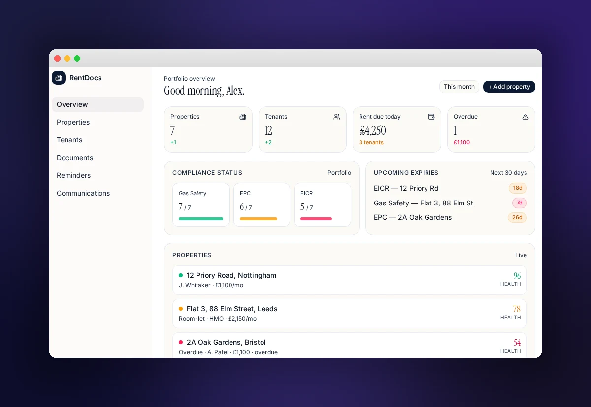 RentDocs.co.uk Dashboard