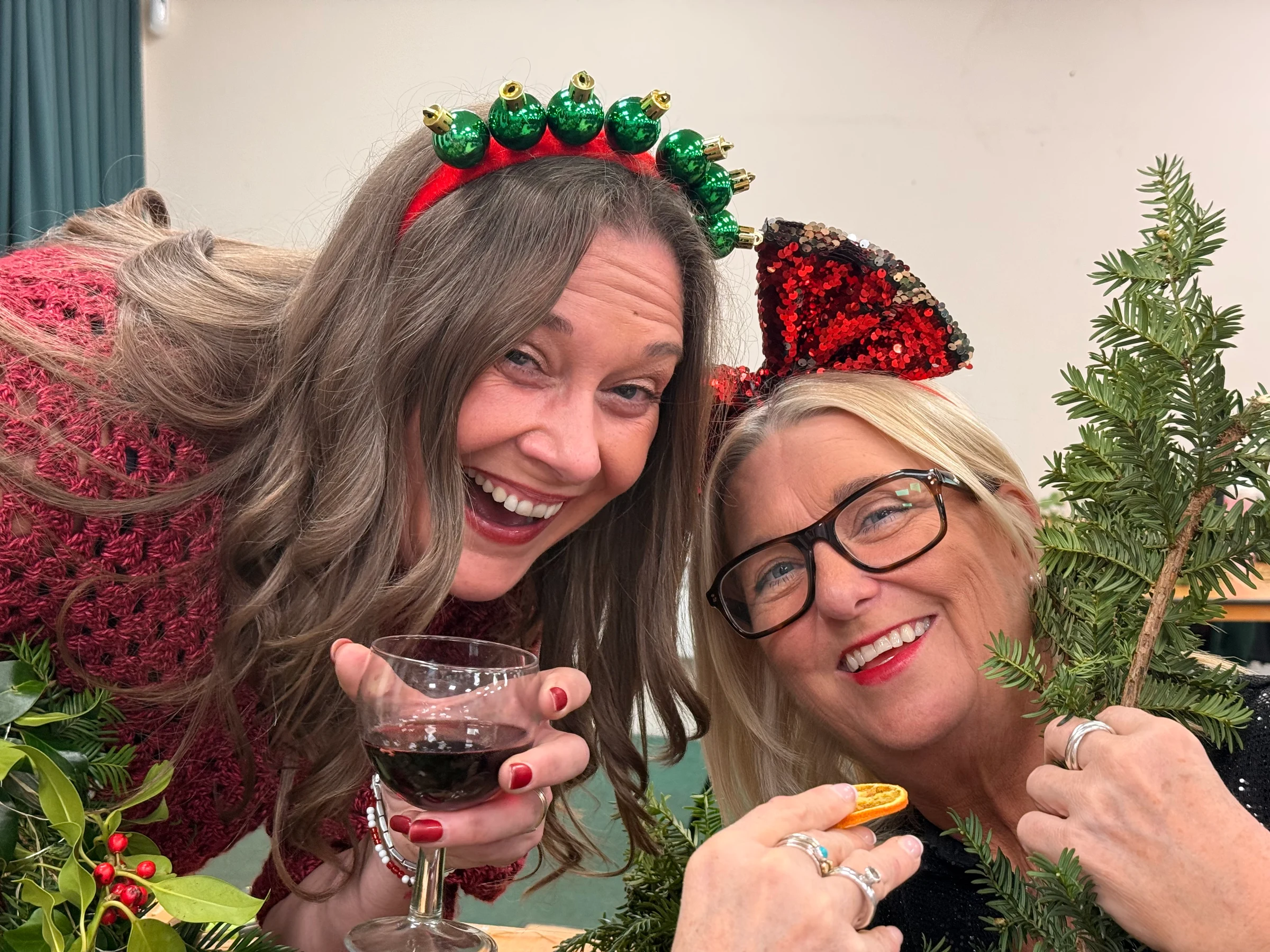 Fay and Clair having a great time making festive wreaths
