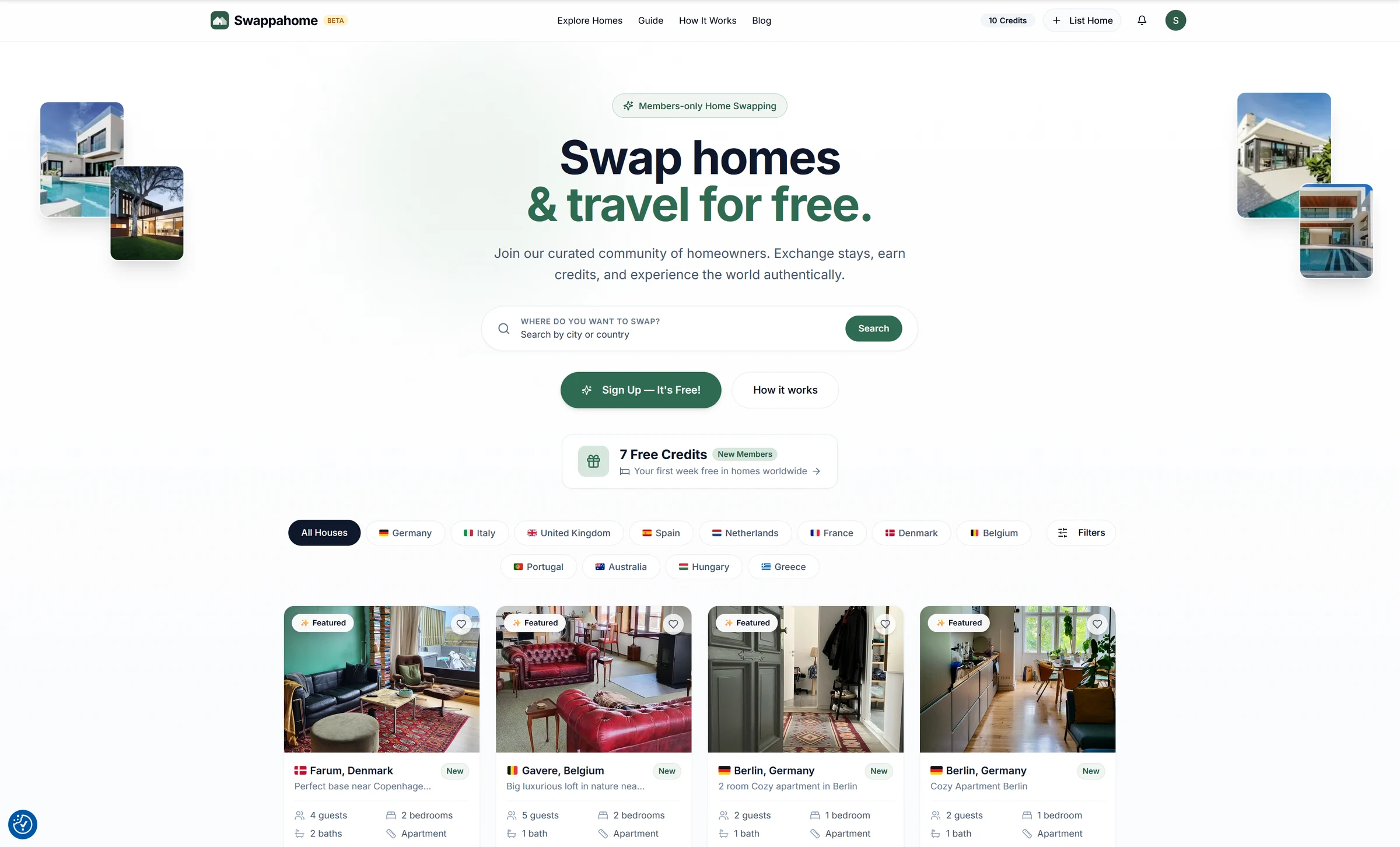 The Swappahome homepage - new members receive seven free credits, enough for a first week of stays.