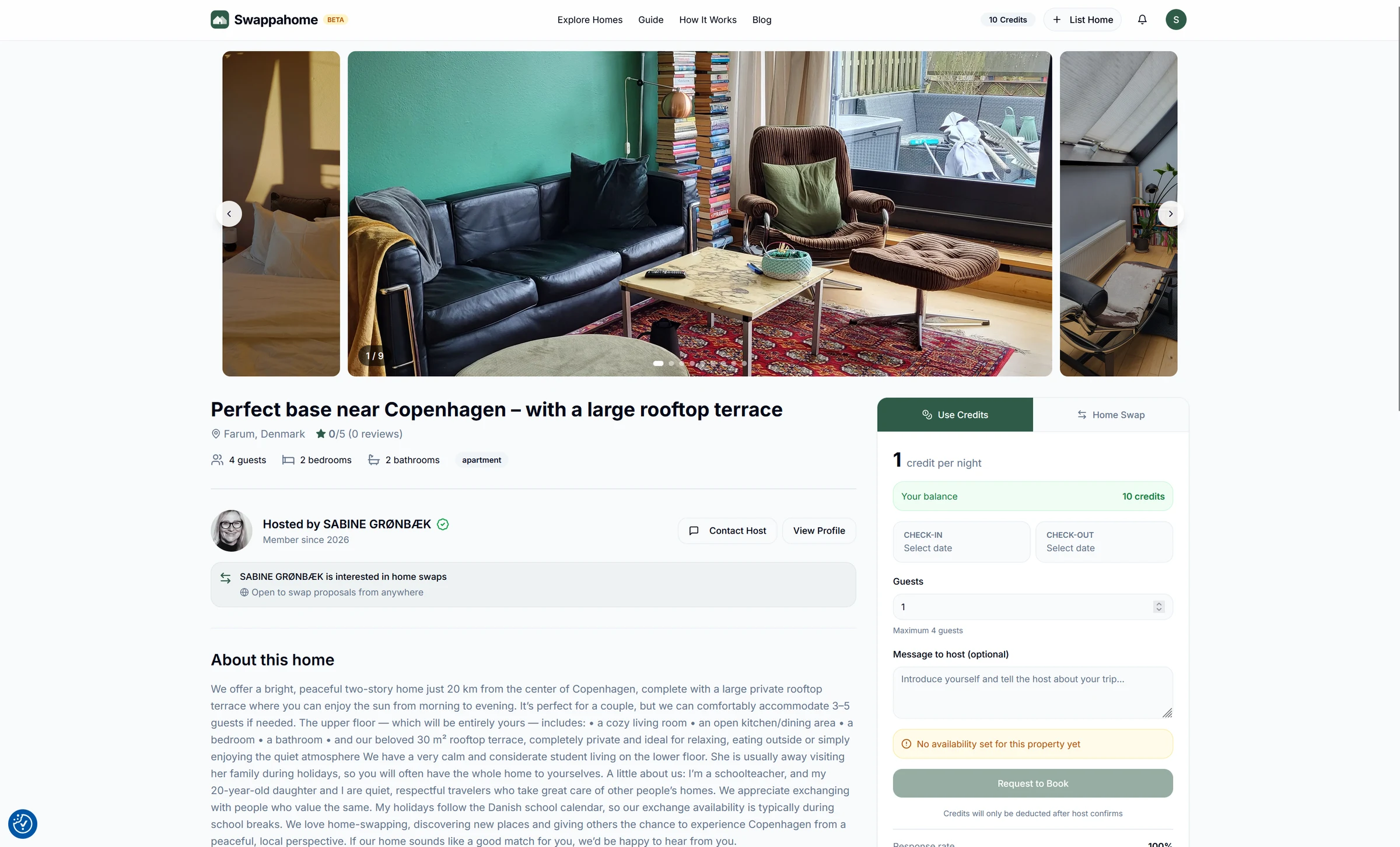 A verified Swappahome listing showing host details, house rules and a transparent cost of one credit per night.