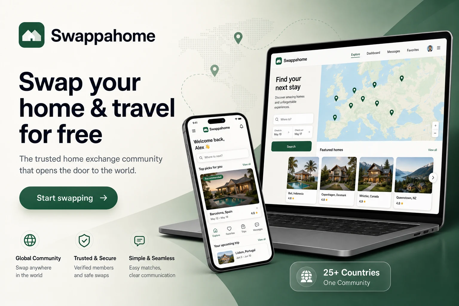 Swappahome - swap your home and travel for free with a trusted, members-only home exchange community across 25+ countries. A sustainable alternative t