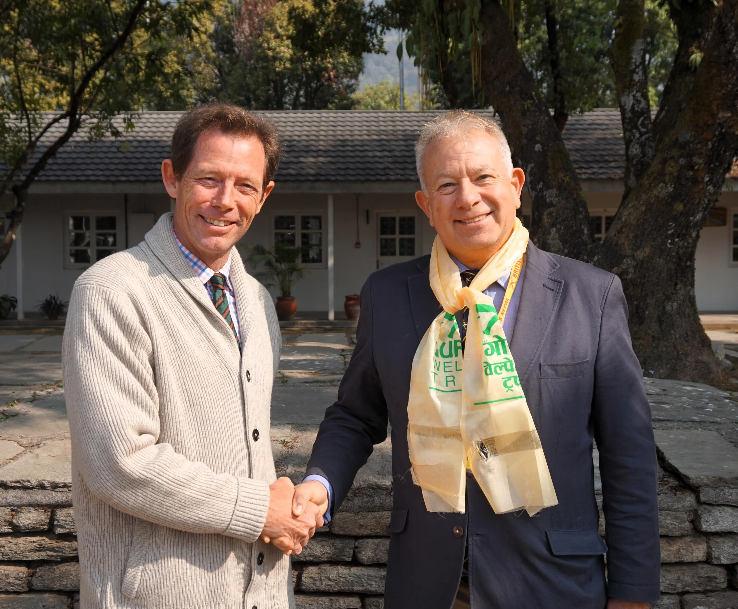 Neil Jurd being welcomes to the Gurkha Welfare Trust by Field Director Lt Col Johnny Fenn