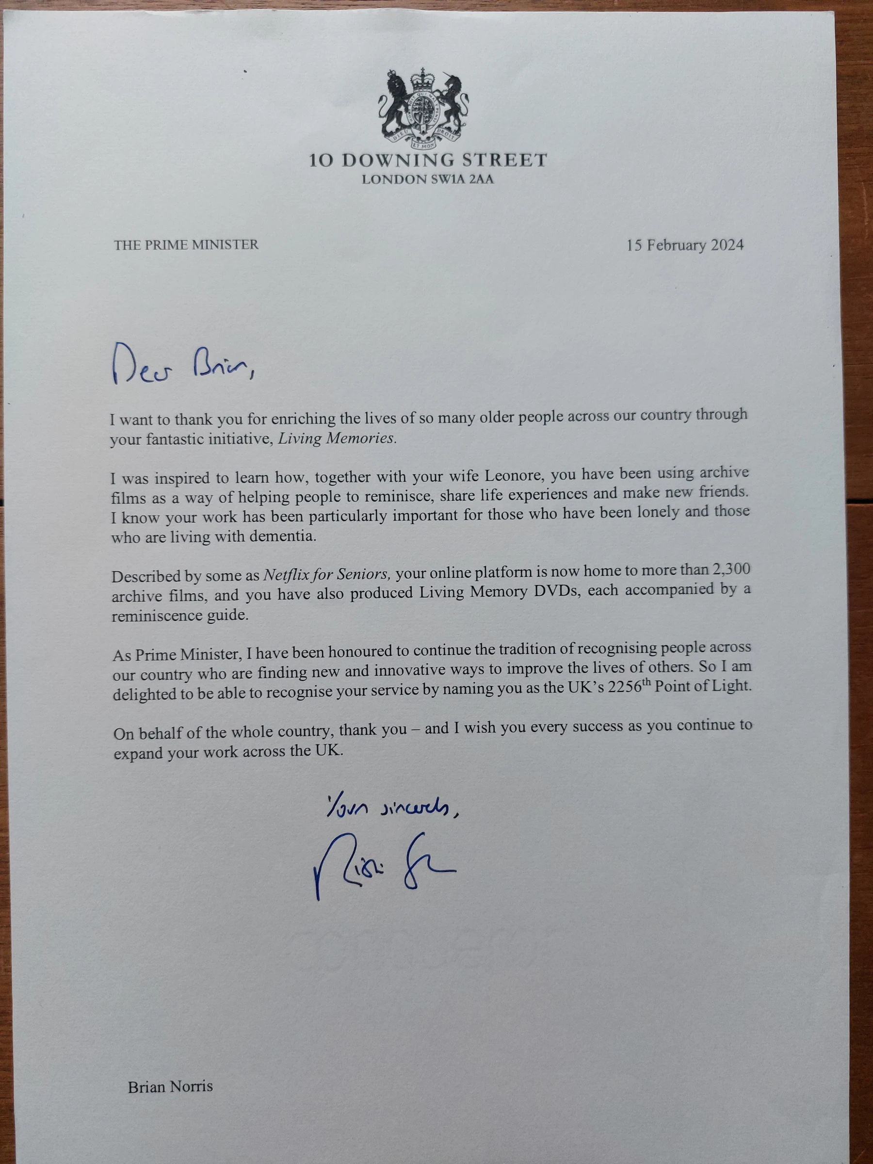 Letter from Prime Minister - Points of Light Award