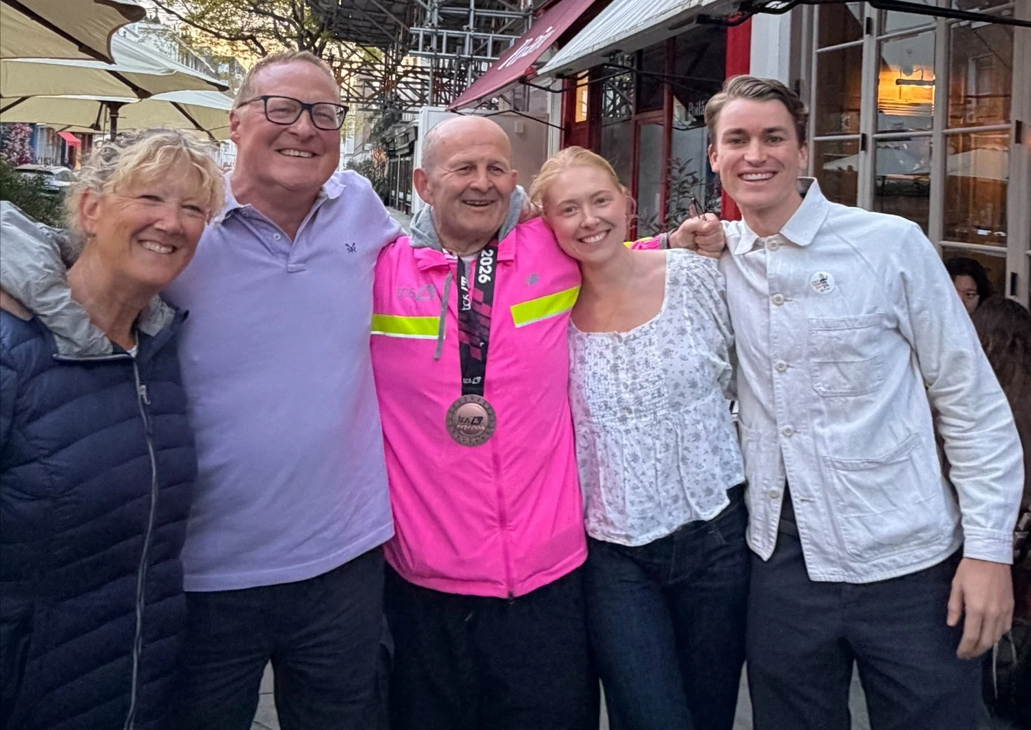 L-R Dawn and Russ Thornton, Melissa Thornton and partner Jack Severn, celebrate Barney’s (centre) London Marathon run.