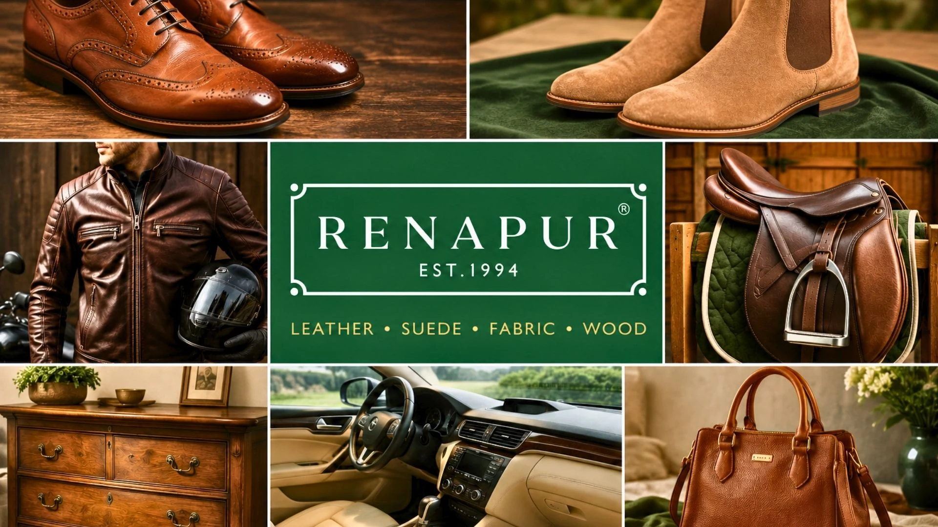A collage showcasing the many uses of Renapur products across leather, suede, fabric and wood care.