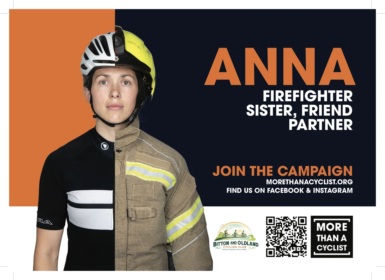 Campaign image of emergency service worker in everyday clothes and cycling gear