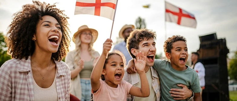 Family cheering and waving St George flags