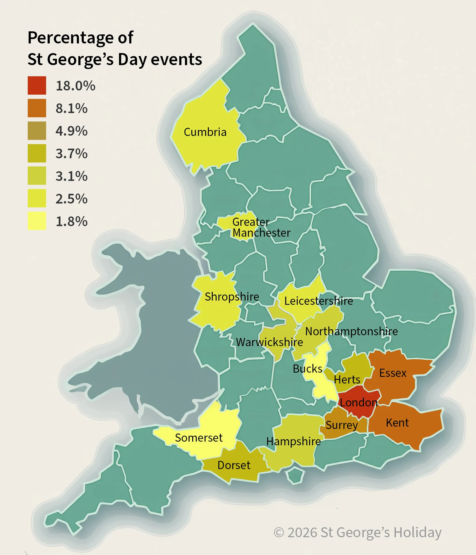 Map of England showing the top 15 counties for St George