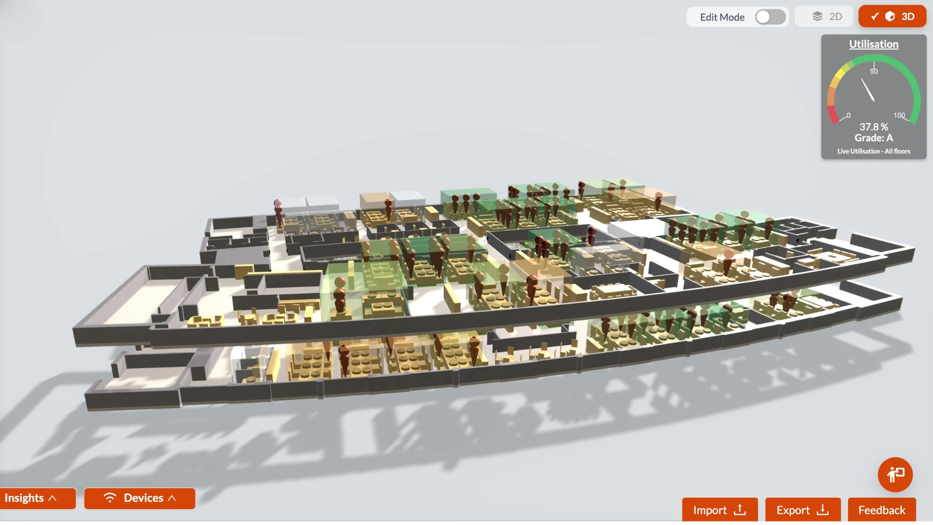 SmartViz brings together IoT sensors, building systems, room-booking data, energy and environmental information into a live, learning 3D digital twin.