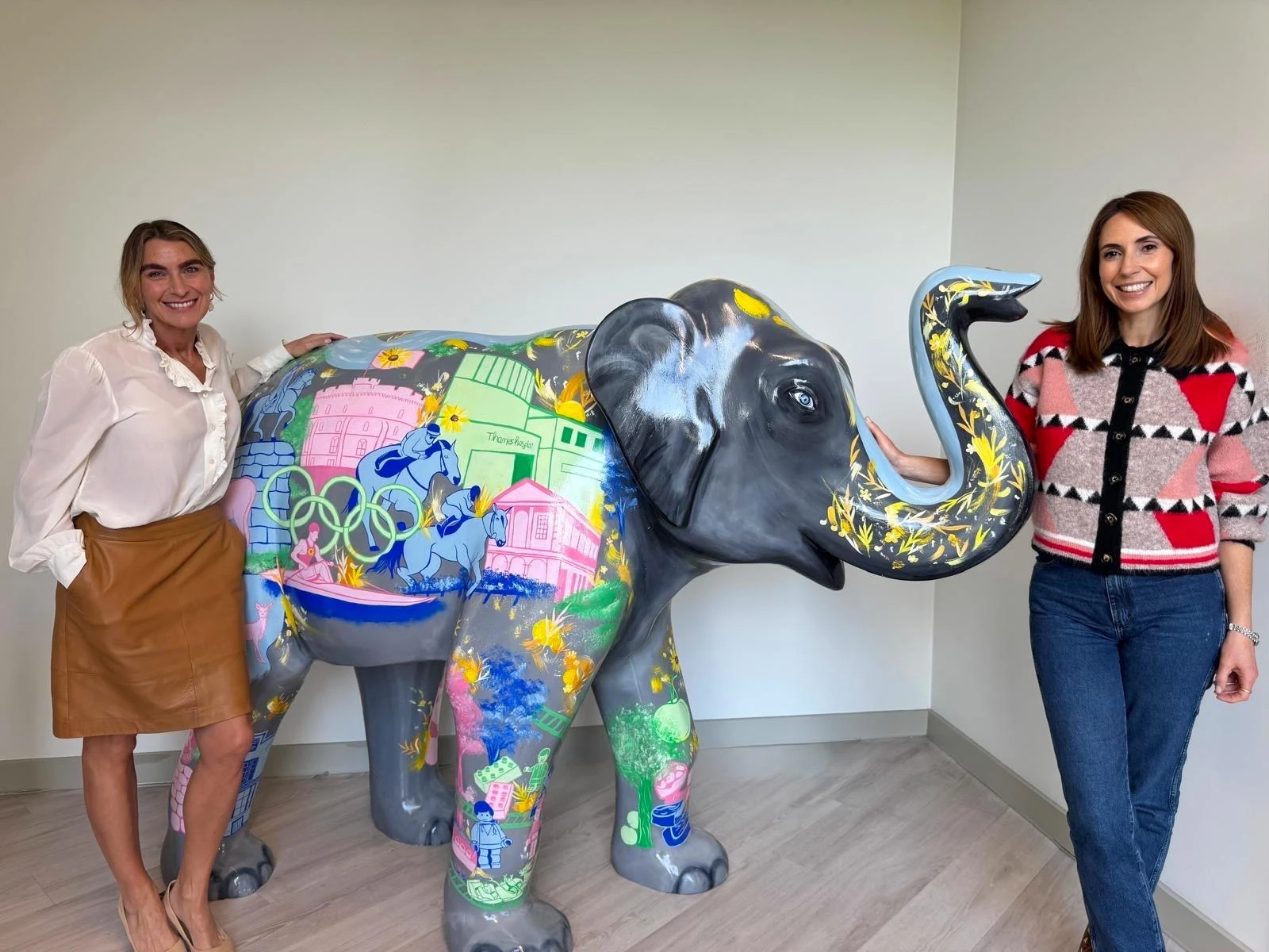 CEO of Thames Hospice Dr Rachael de Caux with TV presenter Alex Jones and elephant sculpture