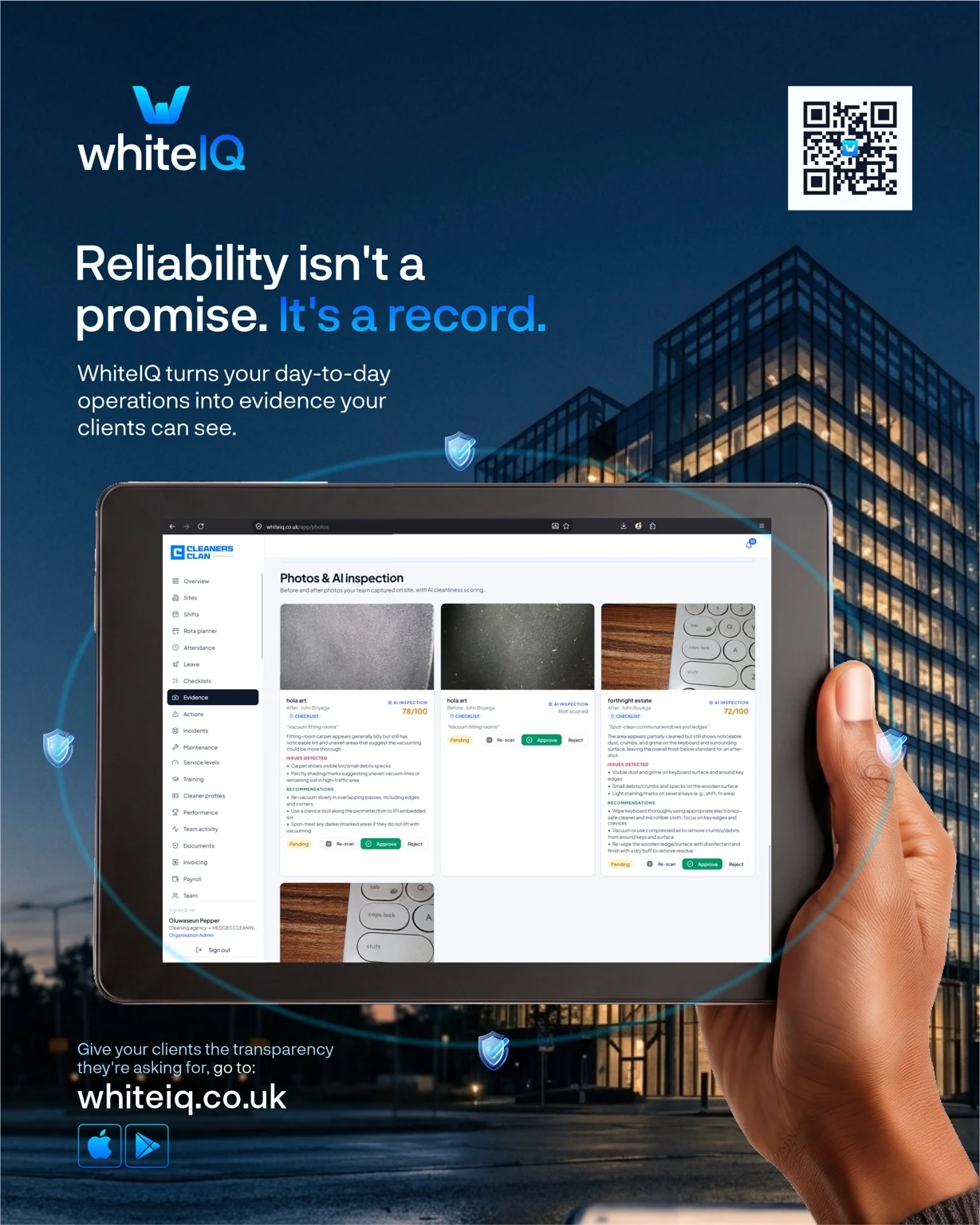 WhiteIQ commercial cleaning operations platform providing cleaning businesses with digital evidence, site visibility and service records.