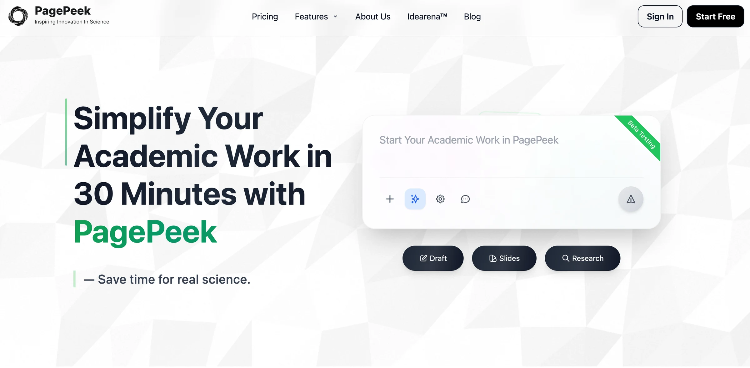 The image shows the PagePeek homepage featuring the headline “Simplify Your Academic Work in 30 Minutes with PagePeek.” It highlights PagePeek as an A