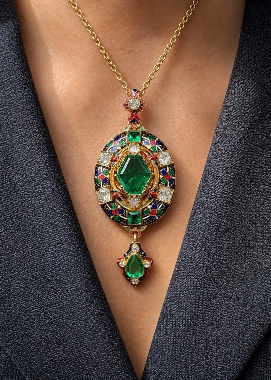 Rare Victorian Holbeinesque Emerald and Diamond Pendant