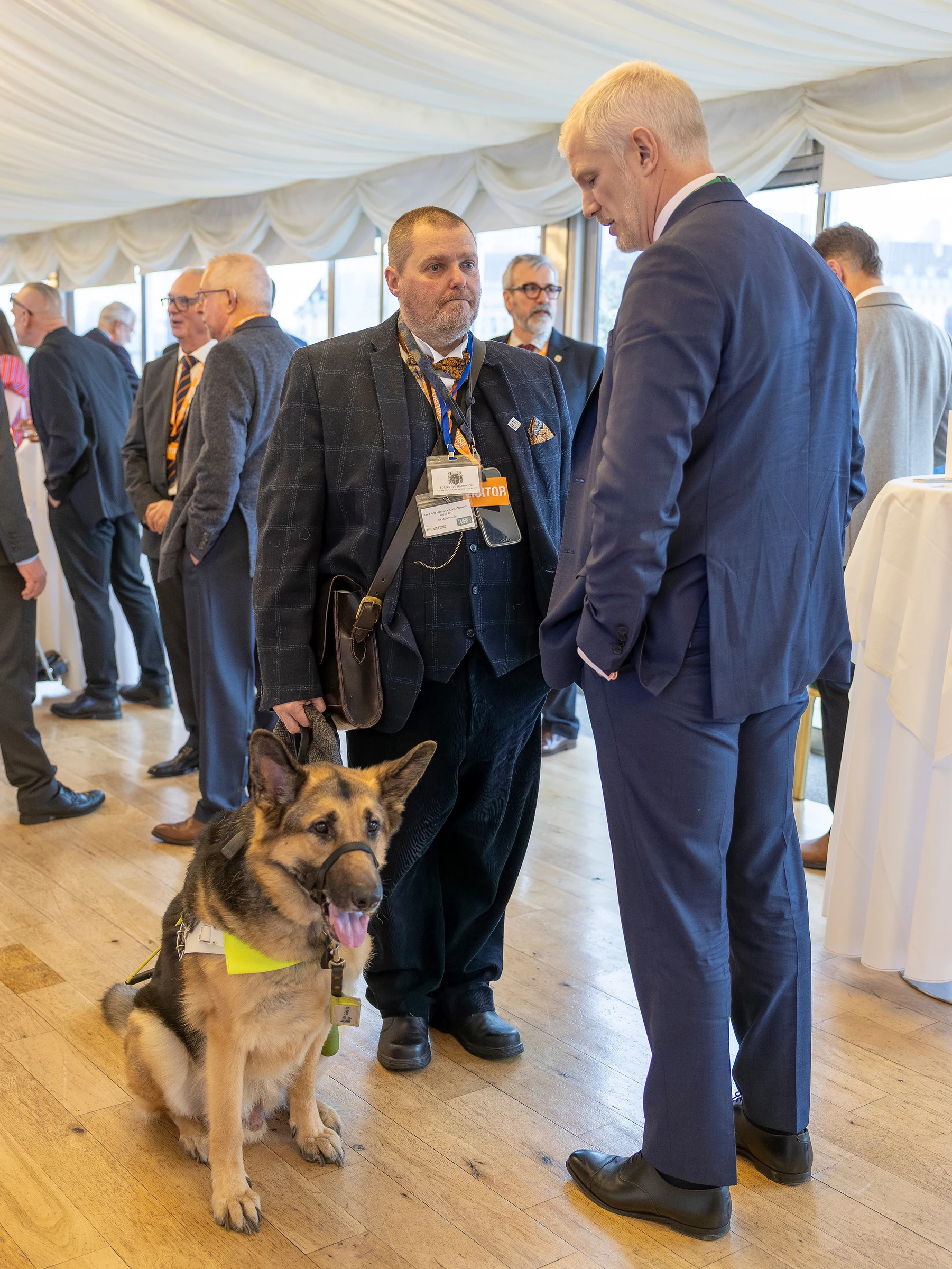 Al Carns Armed Forces Minister chats with Chris Fisher, Patron UKMSA and Bamber his Guide Dog