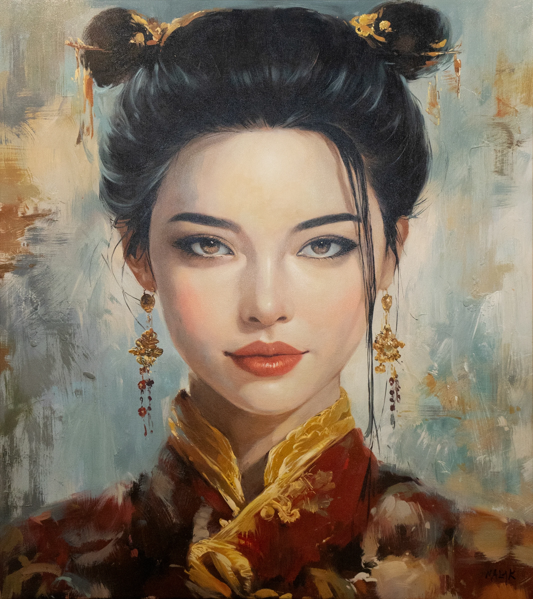 Detail from a new work by Gabrielle Malak , blending classical portraiture with contemporary cultural symbolism.
