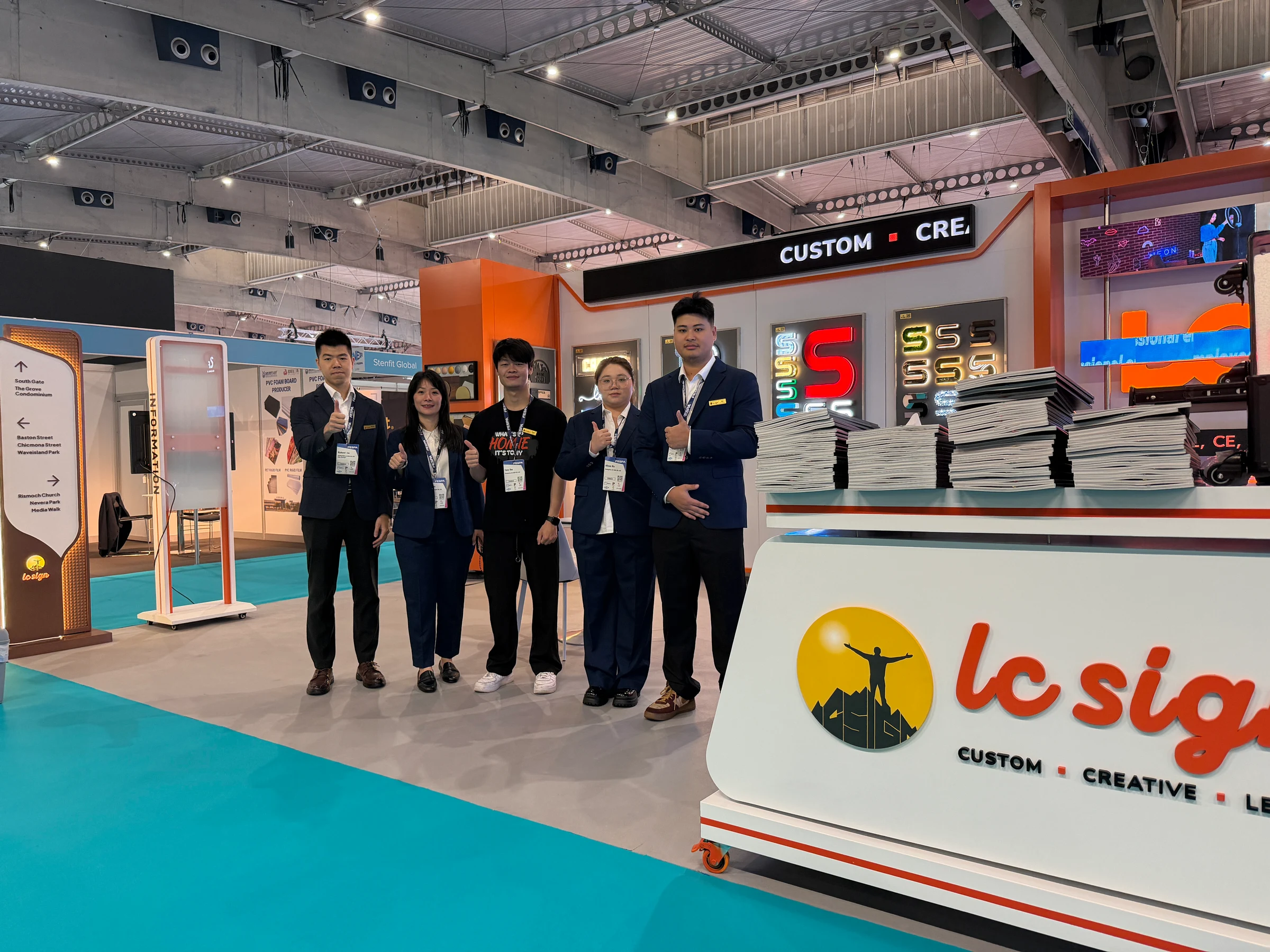 The LC Sign international team at FESPA 2026 in Barcelona, presenting custom signage manufacturing and branding solutions.
