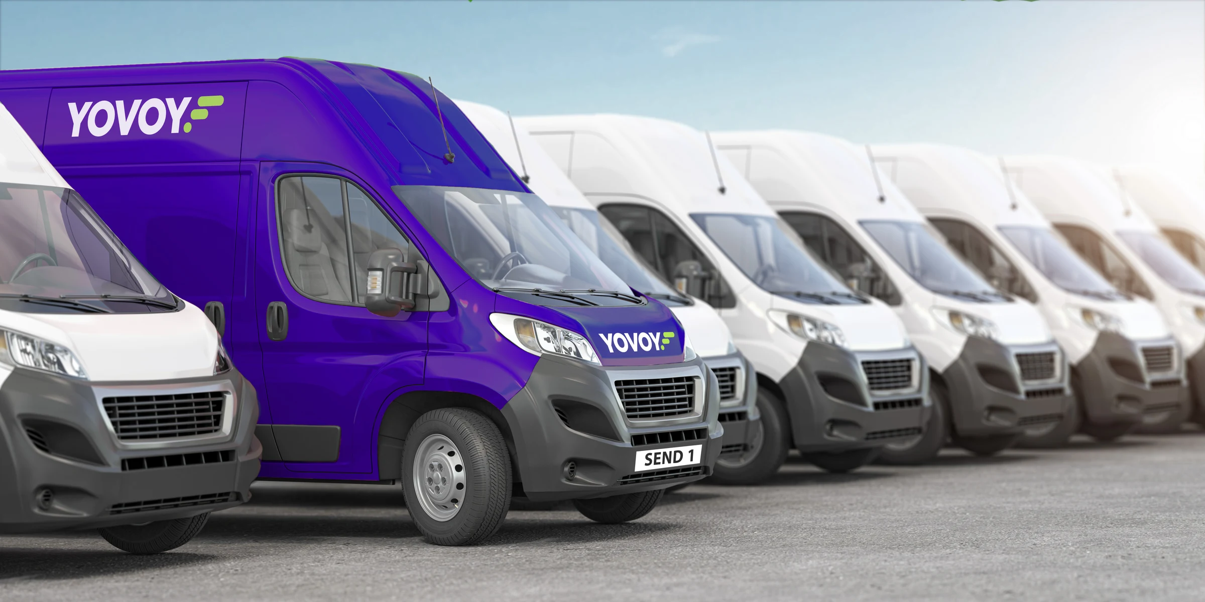 purple Yovoy transit van in a row of white vans