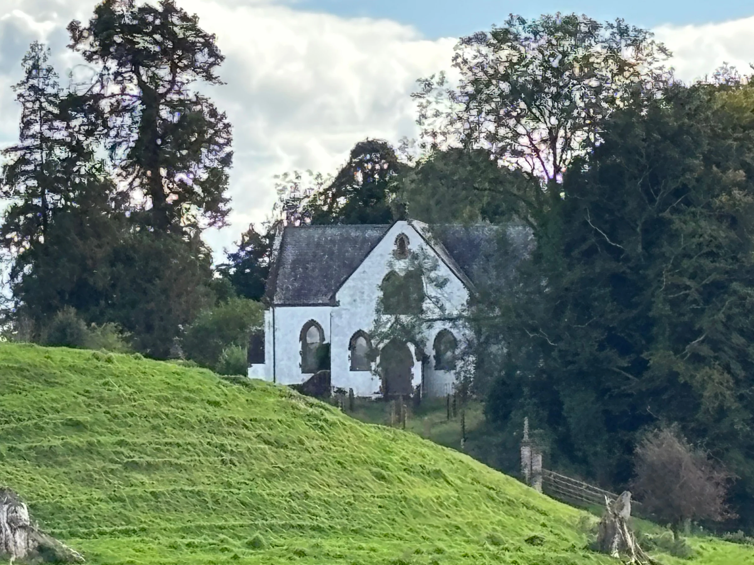 Church across fields