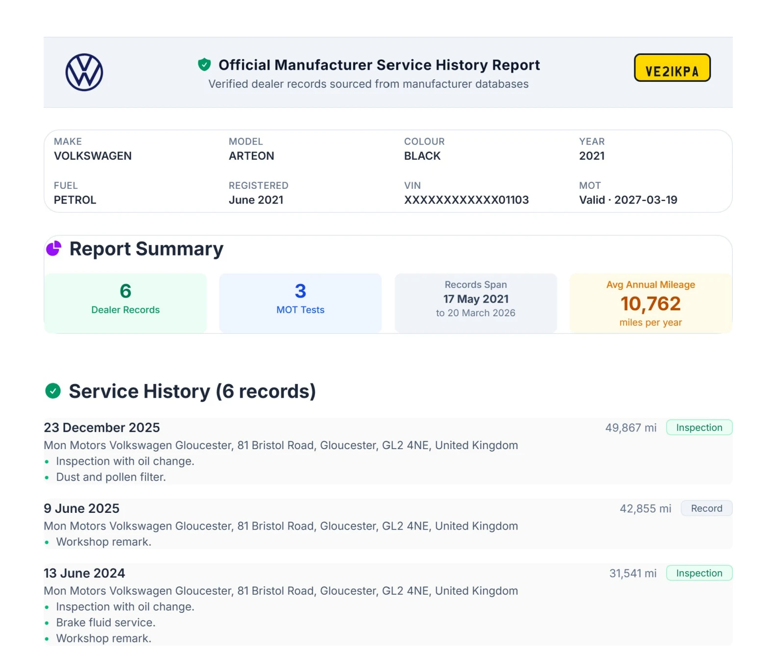 Sample service history report
