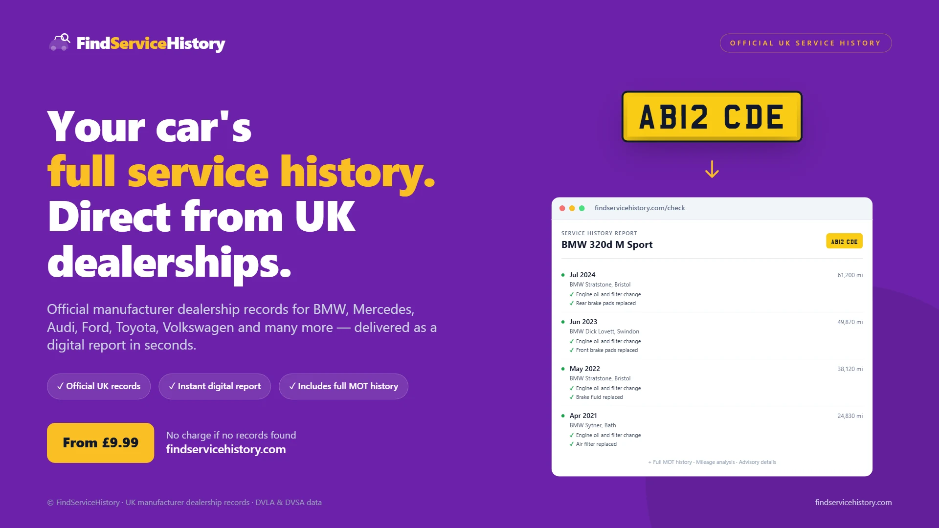 FindServiceHistory press image: official UK vehicle service history check from £9.99. Enter a registration to retrieve manufacturer dealership service
