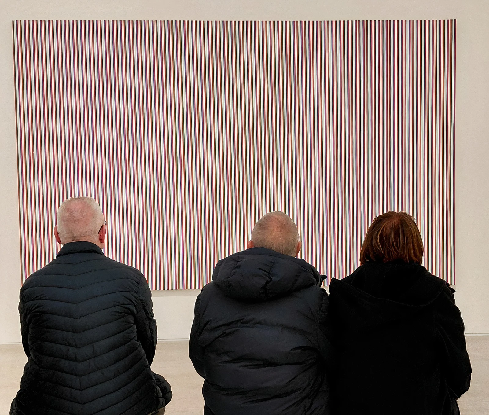 Visitors viewing Bridget Riley’s wave painting during the opening weekend of “Learning to See” at Turner Contemporary, Margate, November 2025.