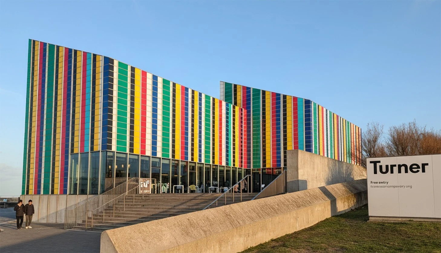 Turner Contemporary, Margate, with a digital visualisation referencing Harry MC’s stripe compositions during the opening weekend of Bridget Riley’s “L