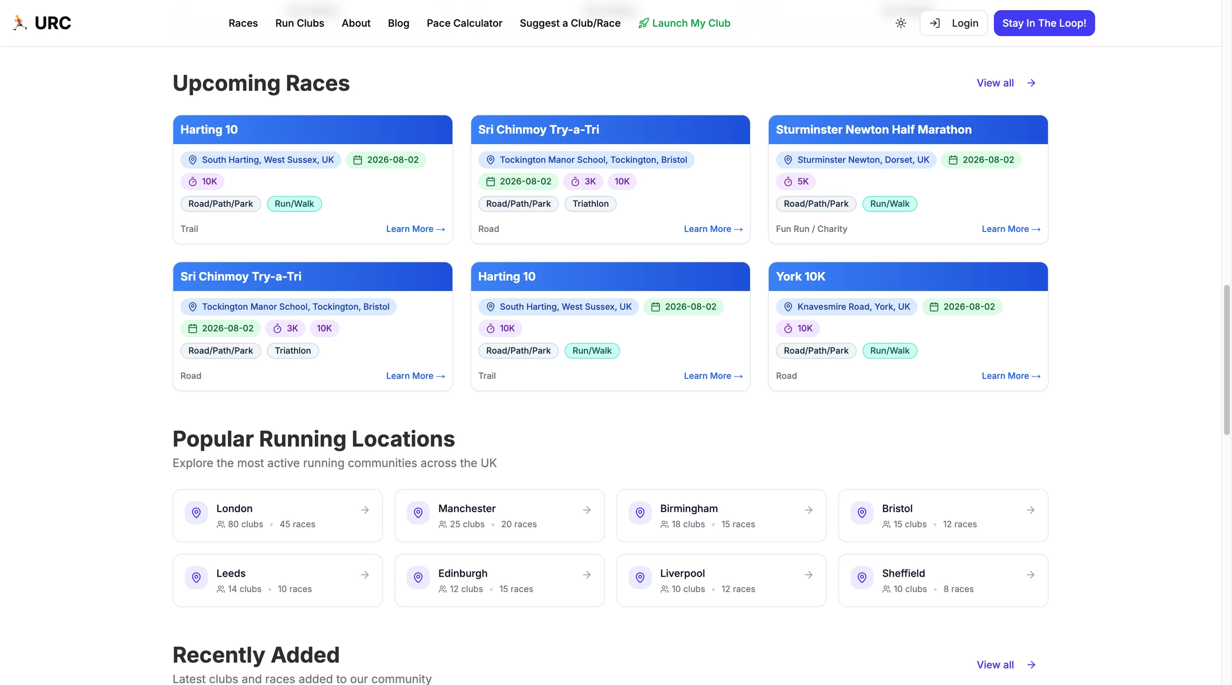 Upcoming races and popular running locations on UK Run Clubs Home Page Section