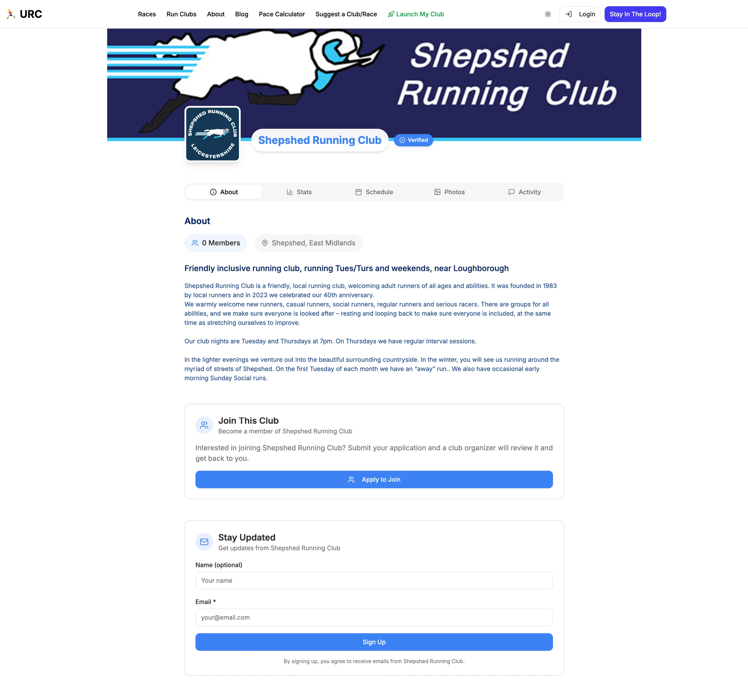 Verified club profile page - running clubs can sign up for free and create their own listing to reach new members
