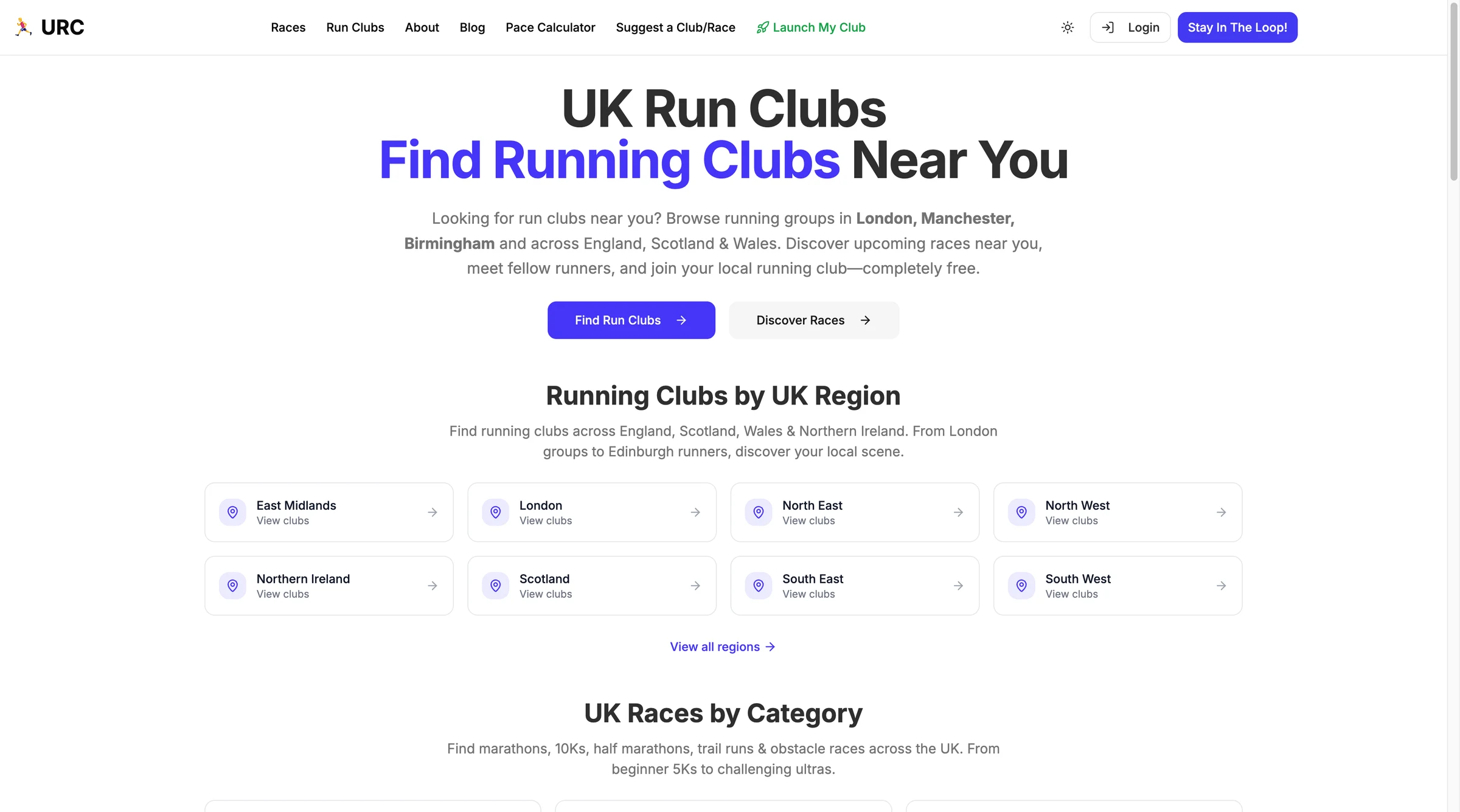 UK Run Clubs homepage - search running clubs by region across the UK