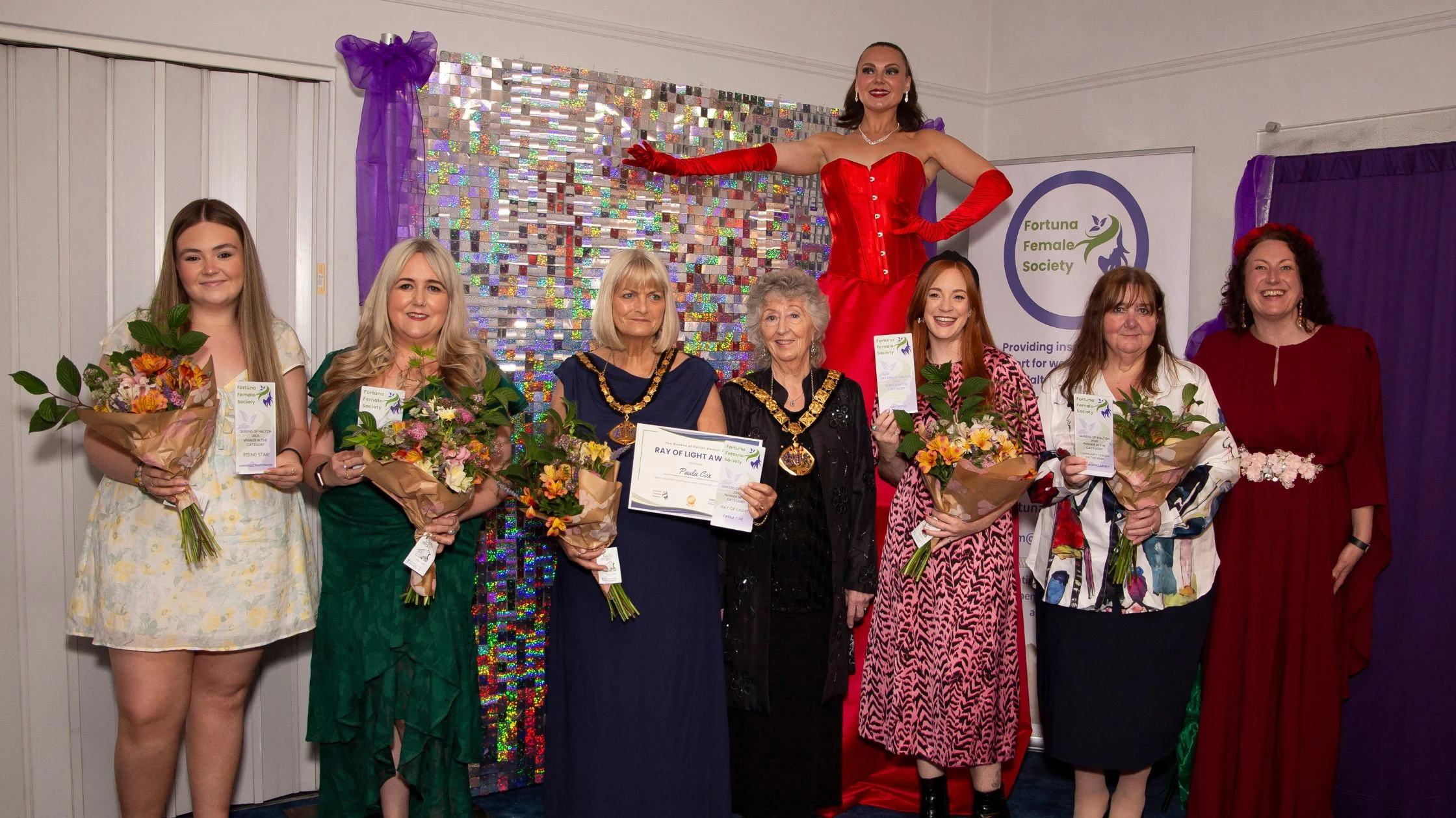 Queens of Halton Award winners 2025 with the Mayor and Deputy Mayor of Halton and Chair of Fortuna Female Society, Laura Bevan